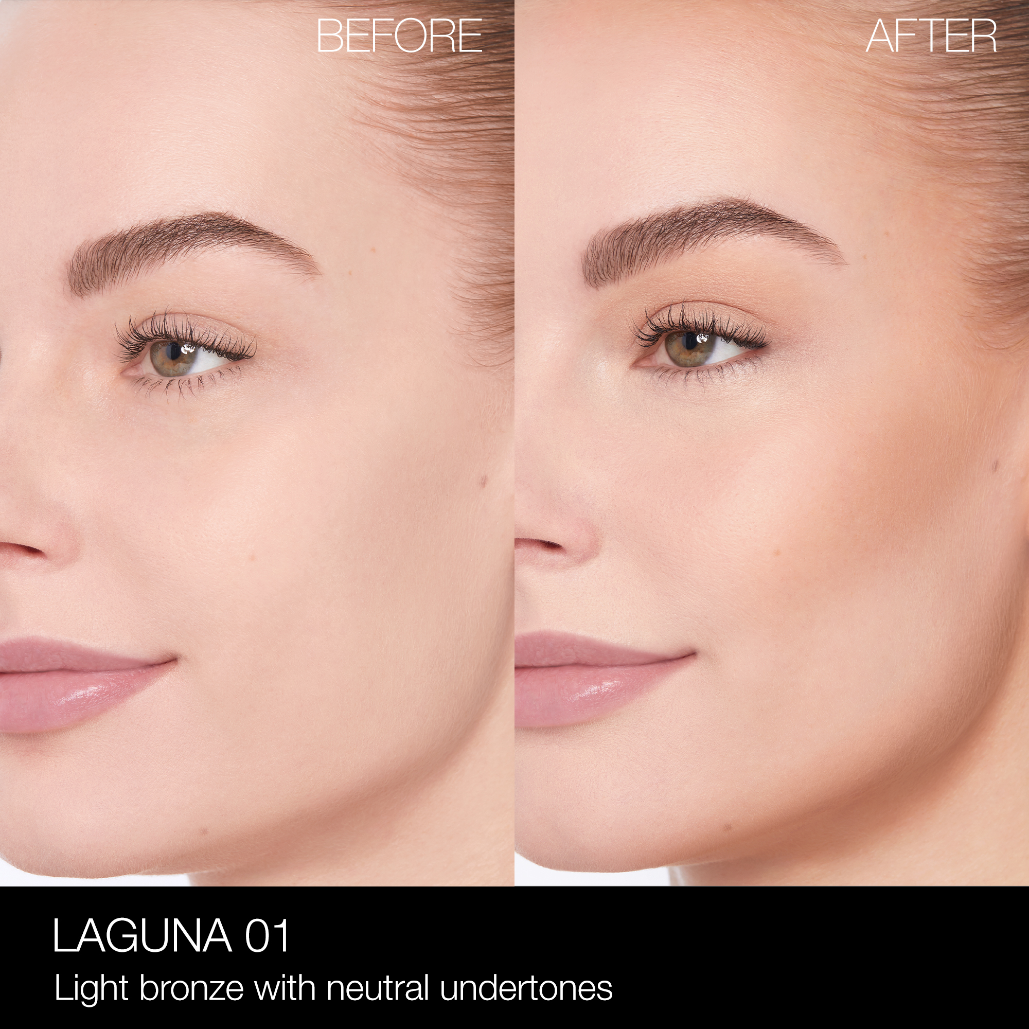 BeforeAfter_LagunaBronzingPowder_Laguna01, Nars Formato viaggio NARS_SP23_LagunaCollection_PDPCrop_OnModel_BeforeAfter_LagunaBronzingPowder_Laguna01, Nars Formato viaggio